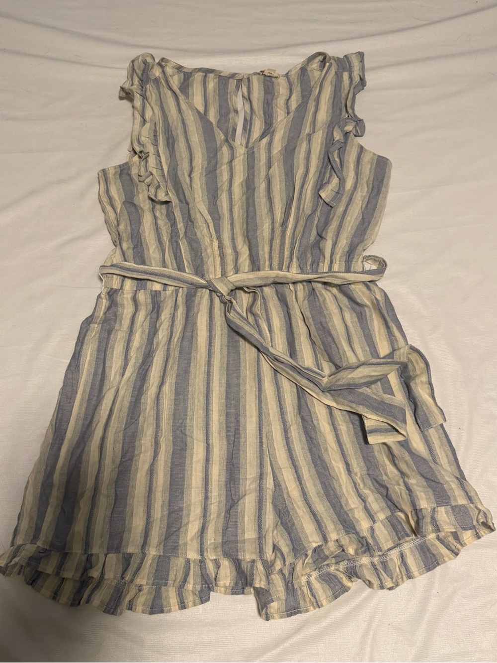 Hem & Thread Blue and Cream Striped Ruffle Romper with Tie NWOT